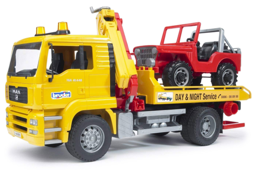 Rotaļu evakuators MAN TGA ar platformu un apvidus auto, Bruder