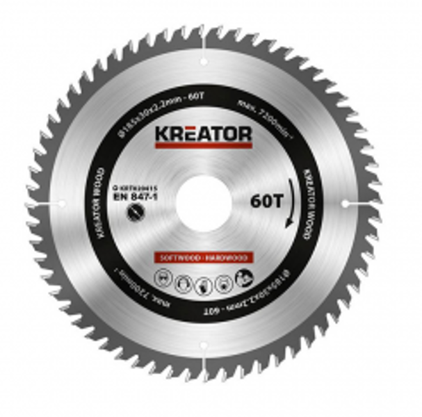 Zāģa ripa kokam Ø185x30x2.2mm, 60 zobi Kreator
