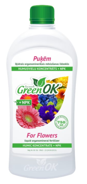 Mēslojums puķēm ar humusvielām Green OK, 750 ml