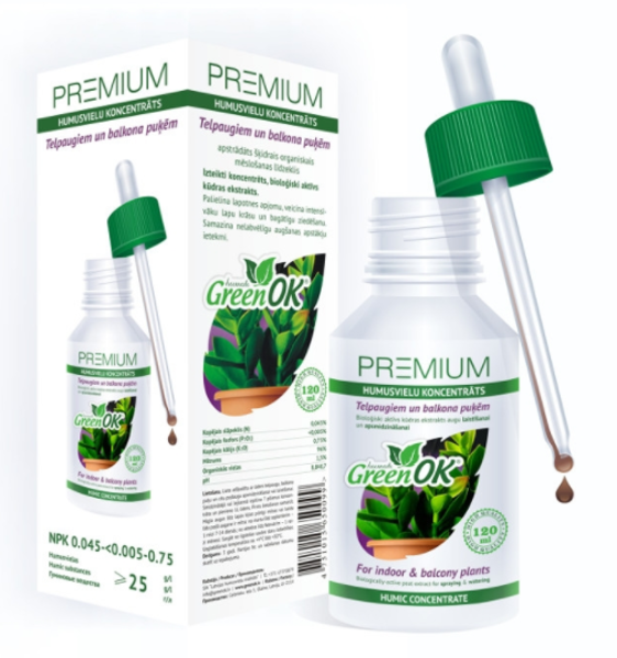 Telpaugiem un balkona puķēm humusvielu koncentrāts Green OK, 120 ml
