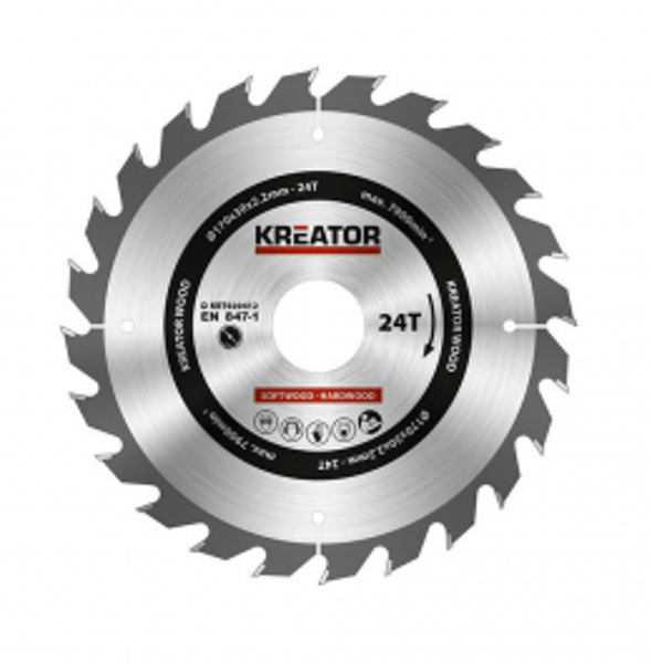 Zāģa ripa kokam Ø170x30x2.2mm, 24 zobi Kreator